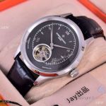 Replica Vacheron Constantin Geneve Tourbillon Watches SS Black Dial Black Leather Band